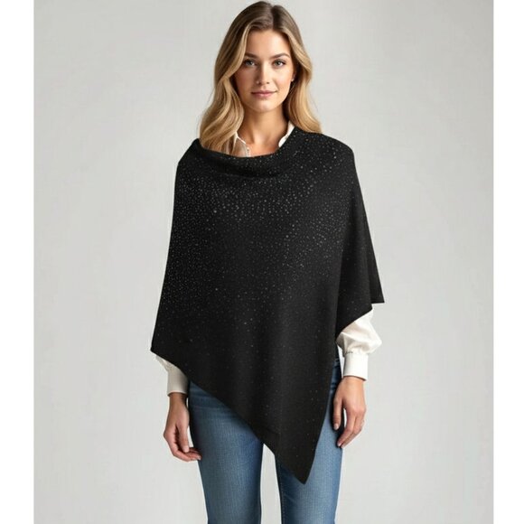 La Fiorentina Shimmering Asymmetric Embellished Poncho Sweater, Black, One Size - Picture 1 of 7